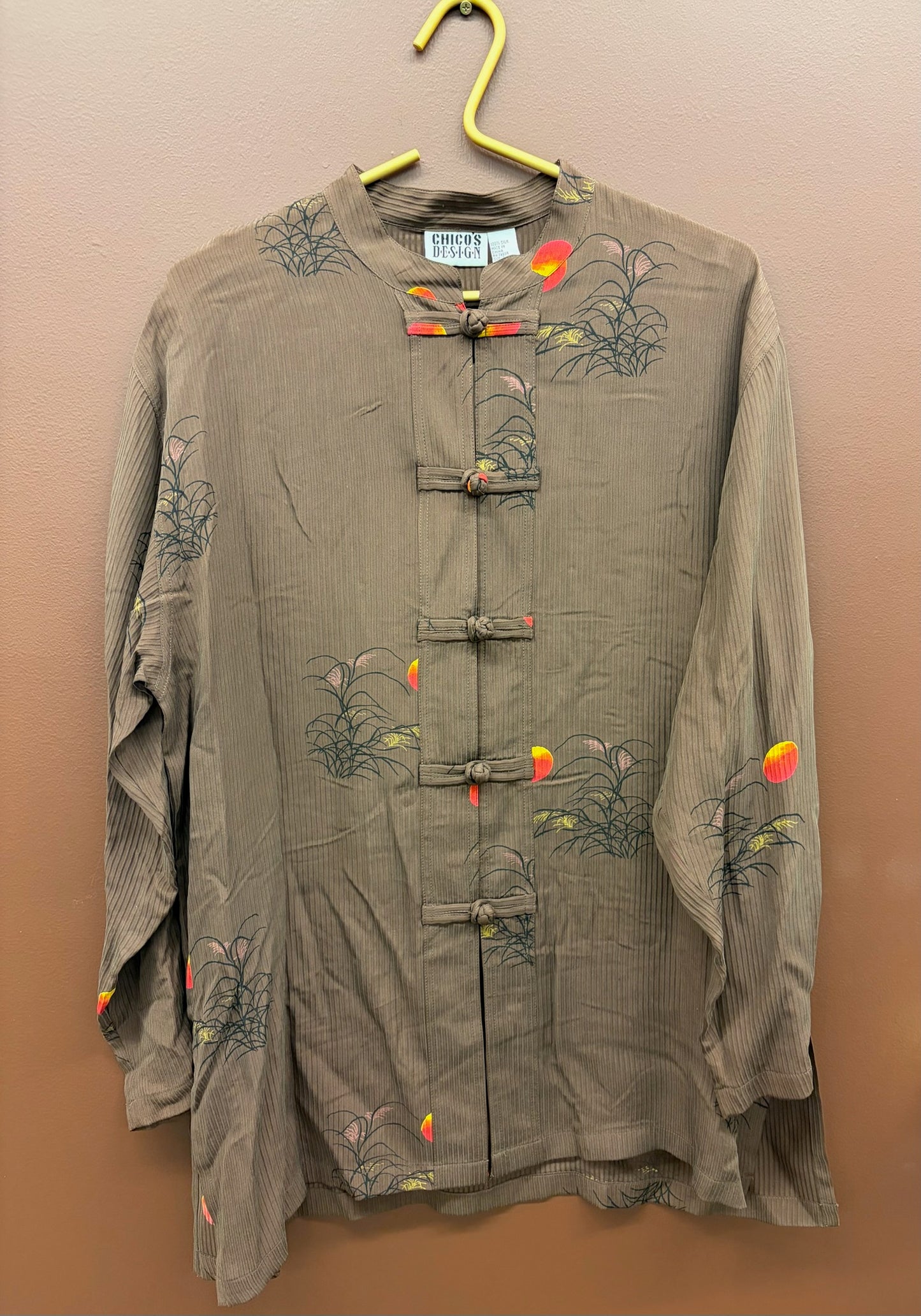 100% Silk Brown Mandarin Style Top