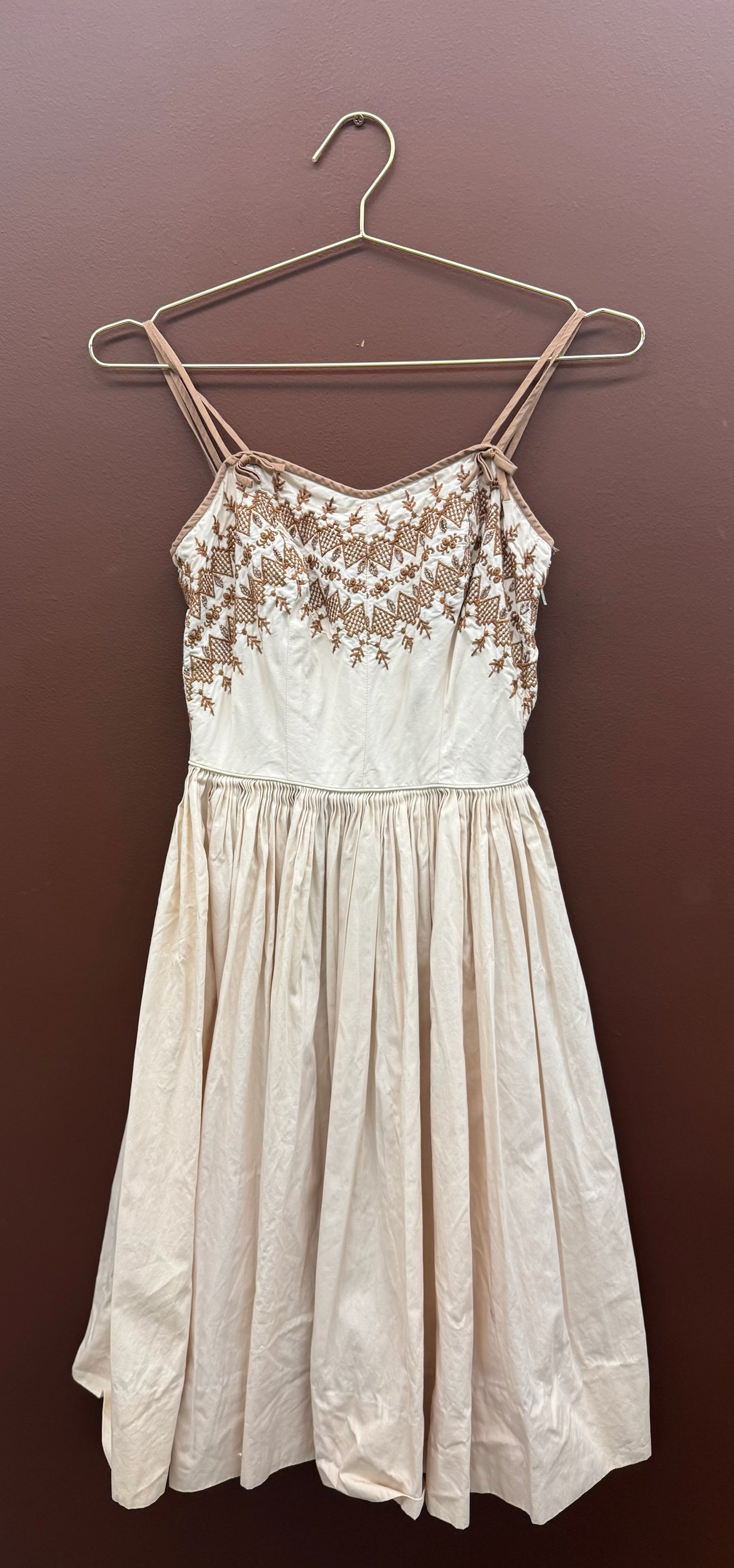 Brown Stitching Ivory Dress