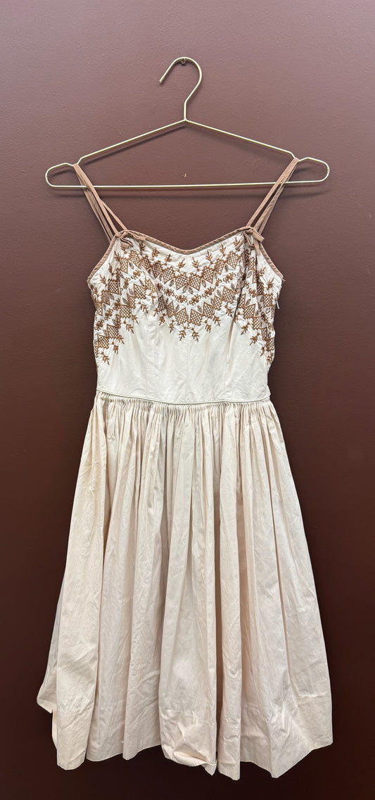 Brown Stitching Ivory Dress