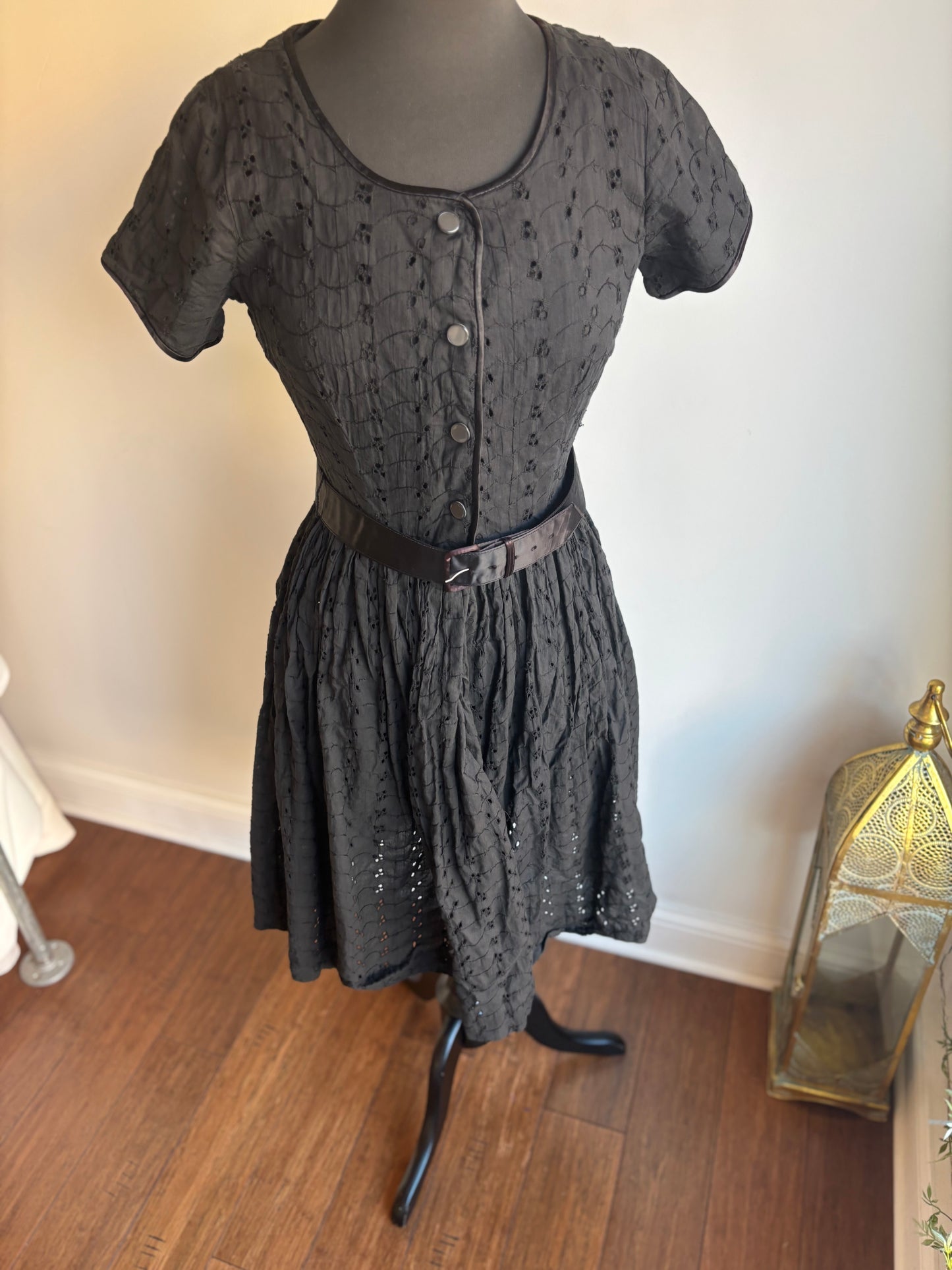1950's Black Cotton Eyelet Dress