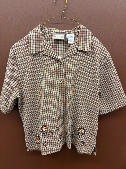 Brown & Black Embroidered Checkered Top