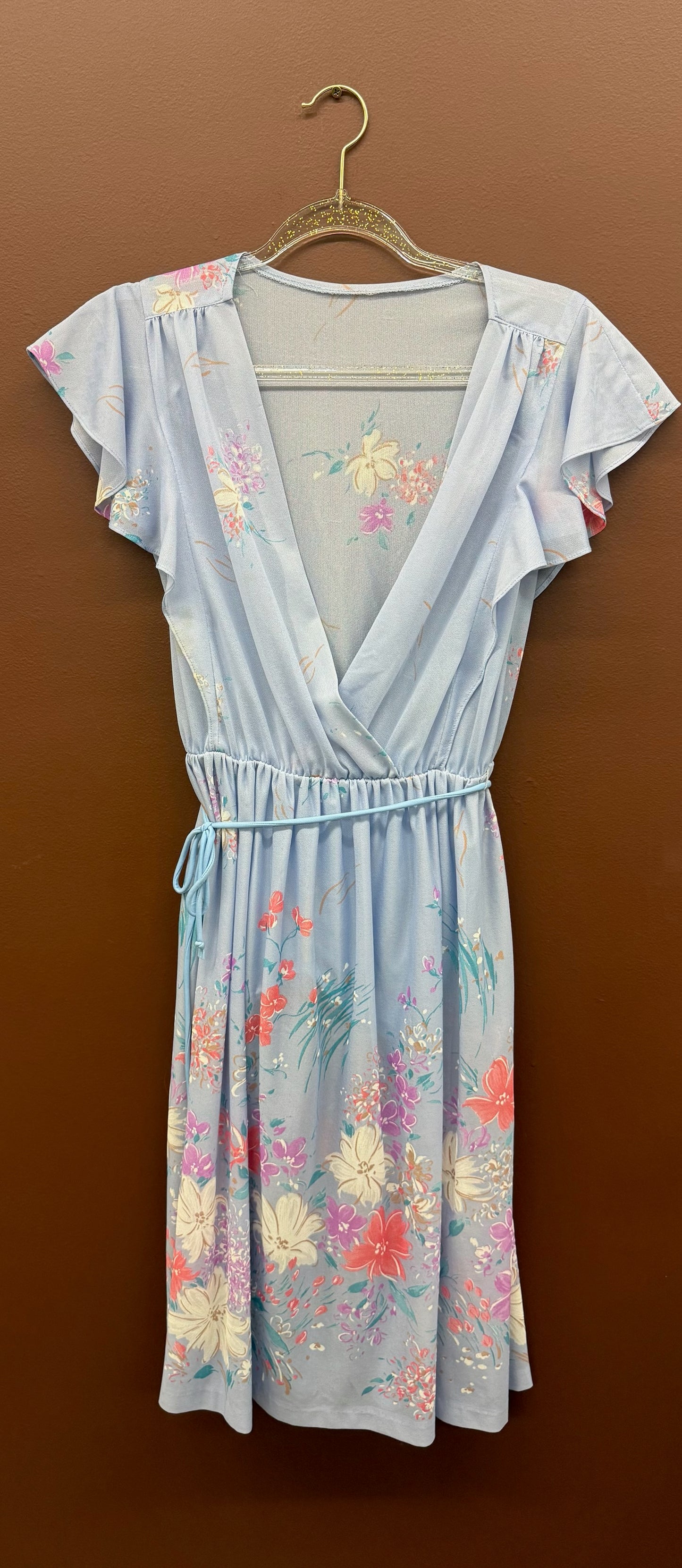 70’s Blue Floral Dress with Flutter Sleeves