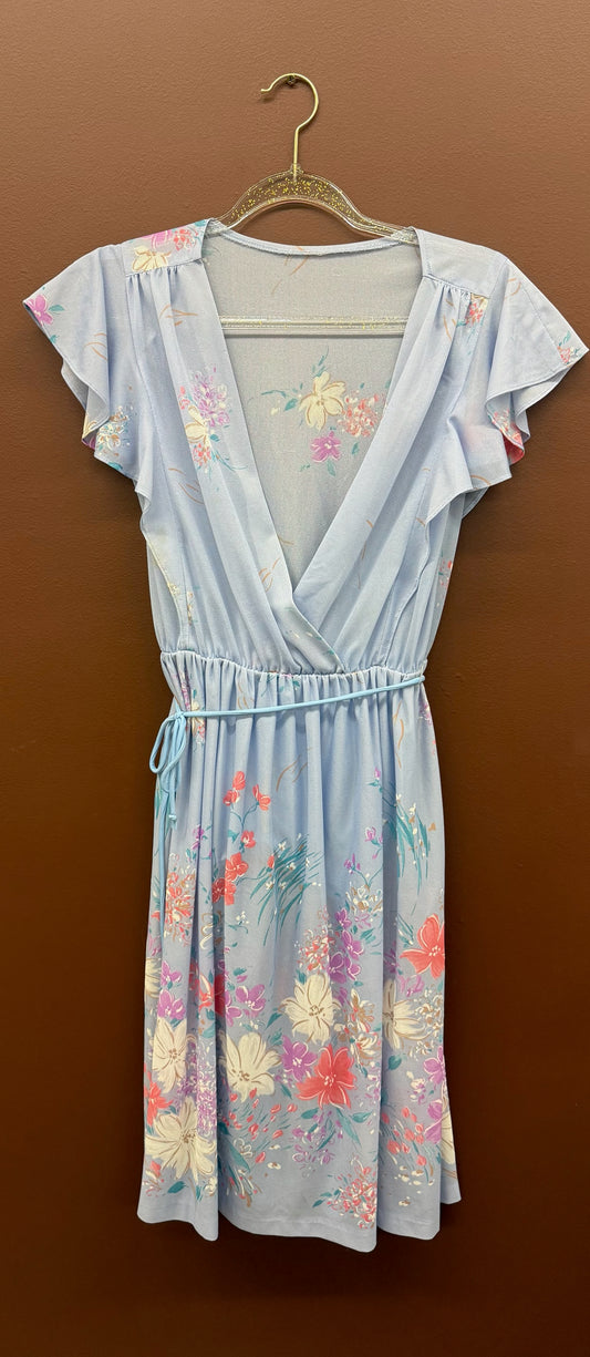 70’s Blue Floral Dress with Flutter Sleeves