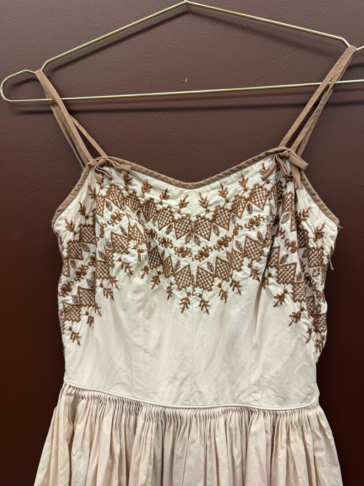 Brown Stitching Ivory Dress