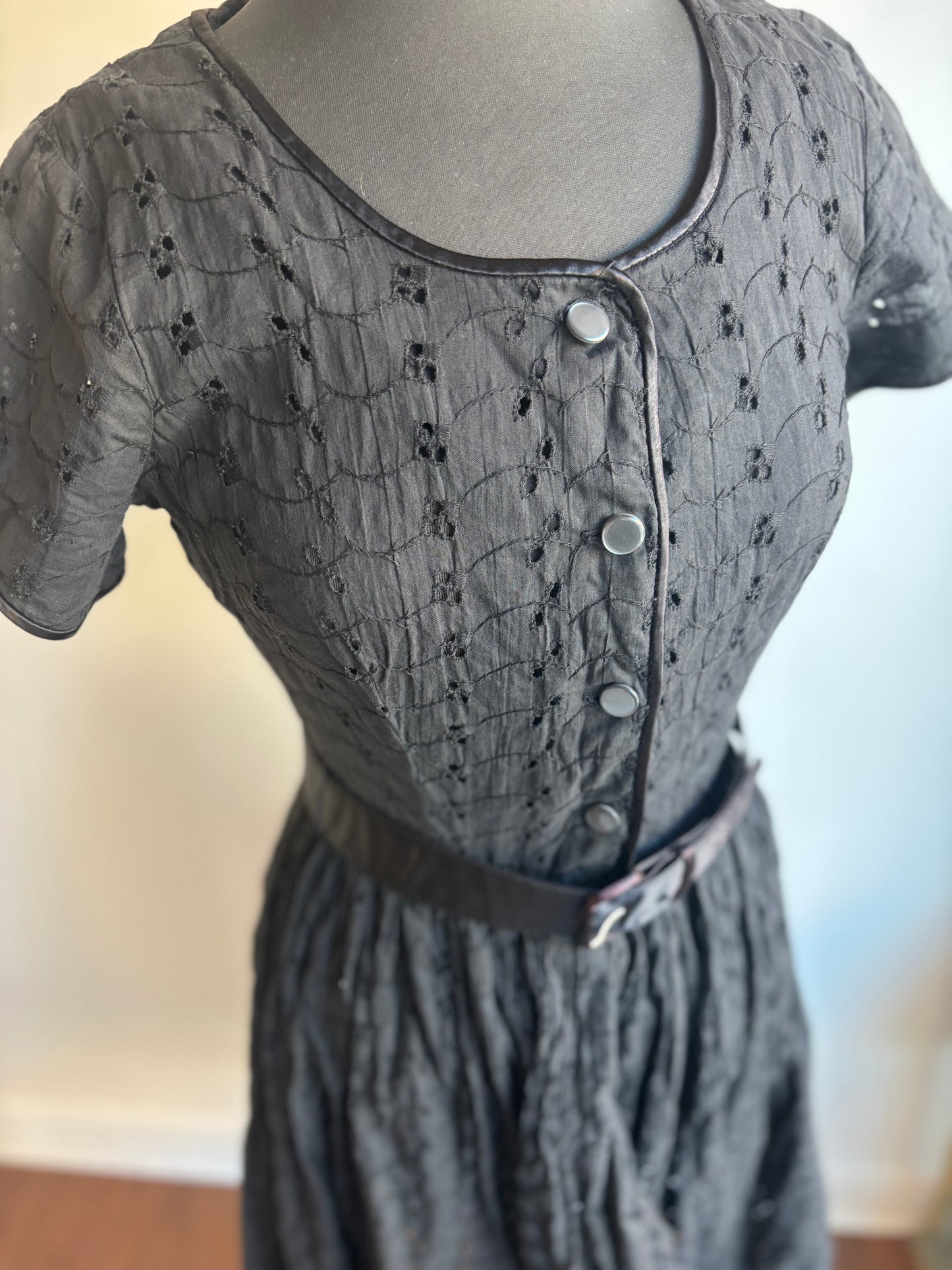 1950's Black Cotton Eyelet Dress