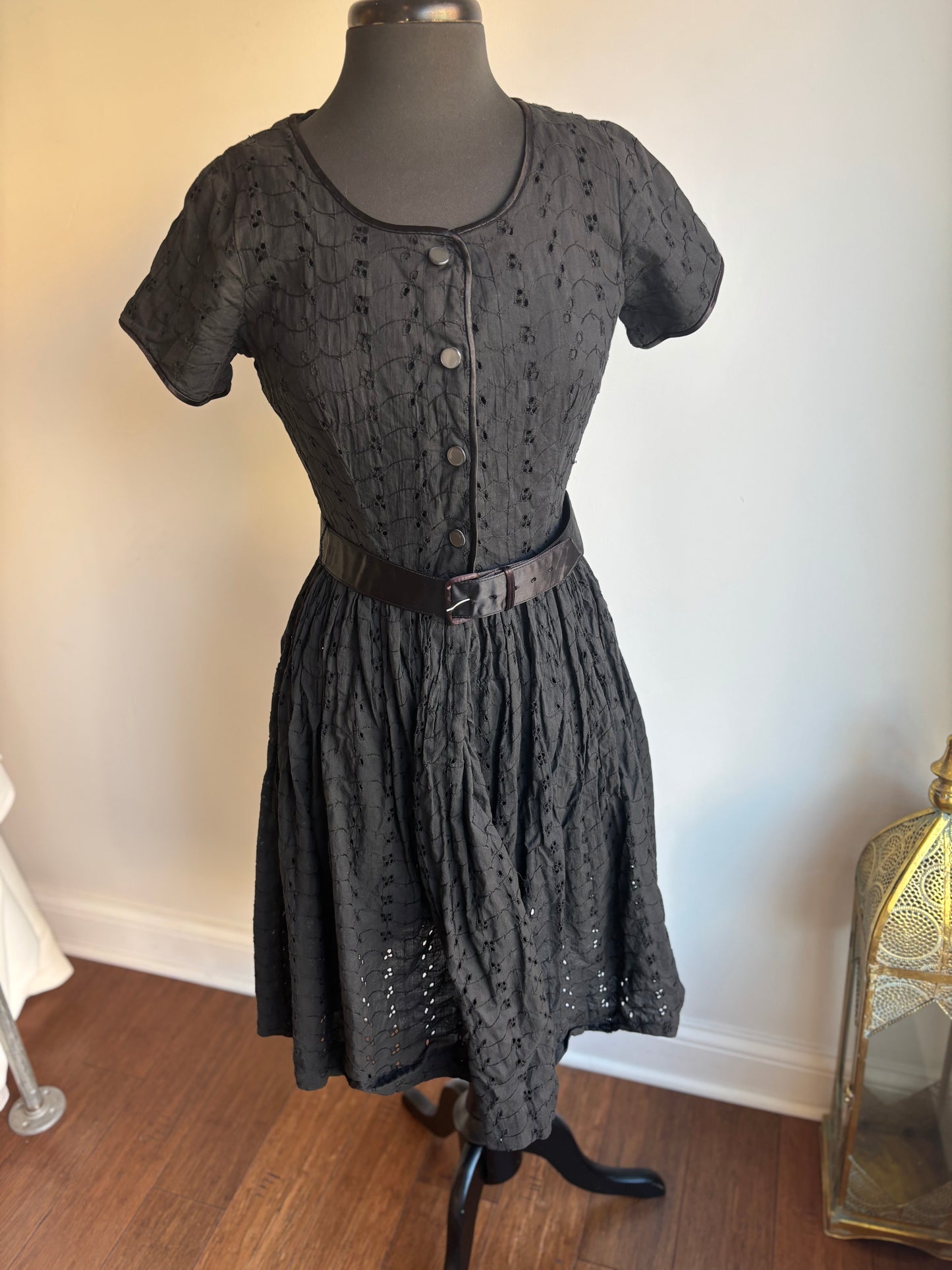 1950's Black Cotton Eyelet Dress