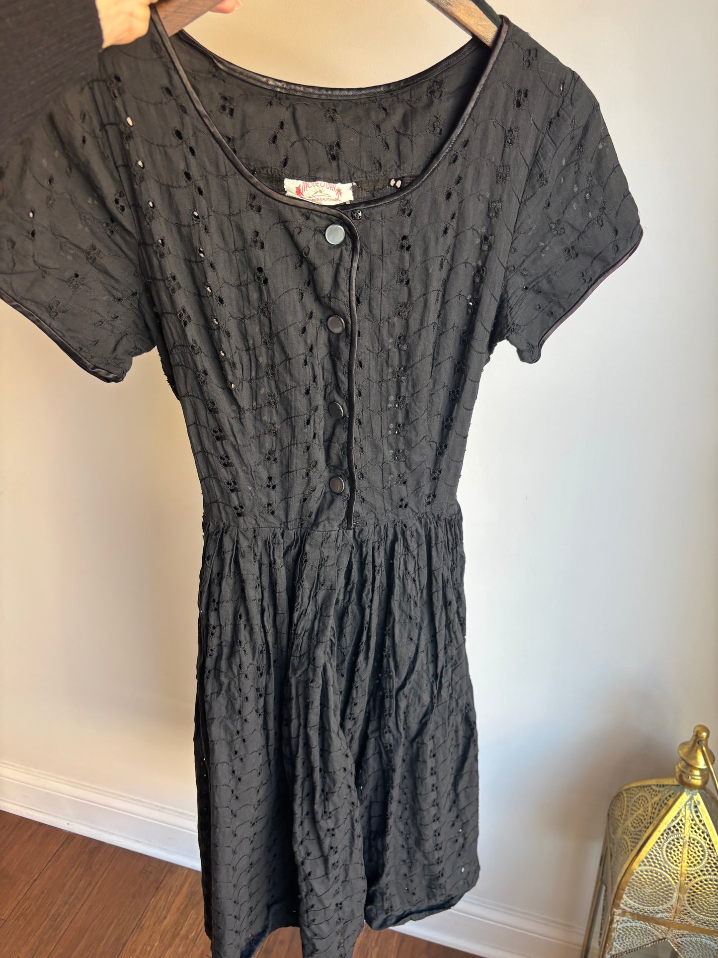 1950's Black Cotton Eyelet Dress