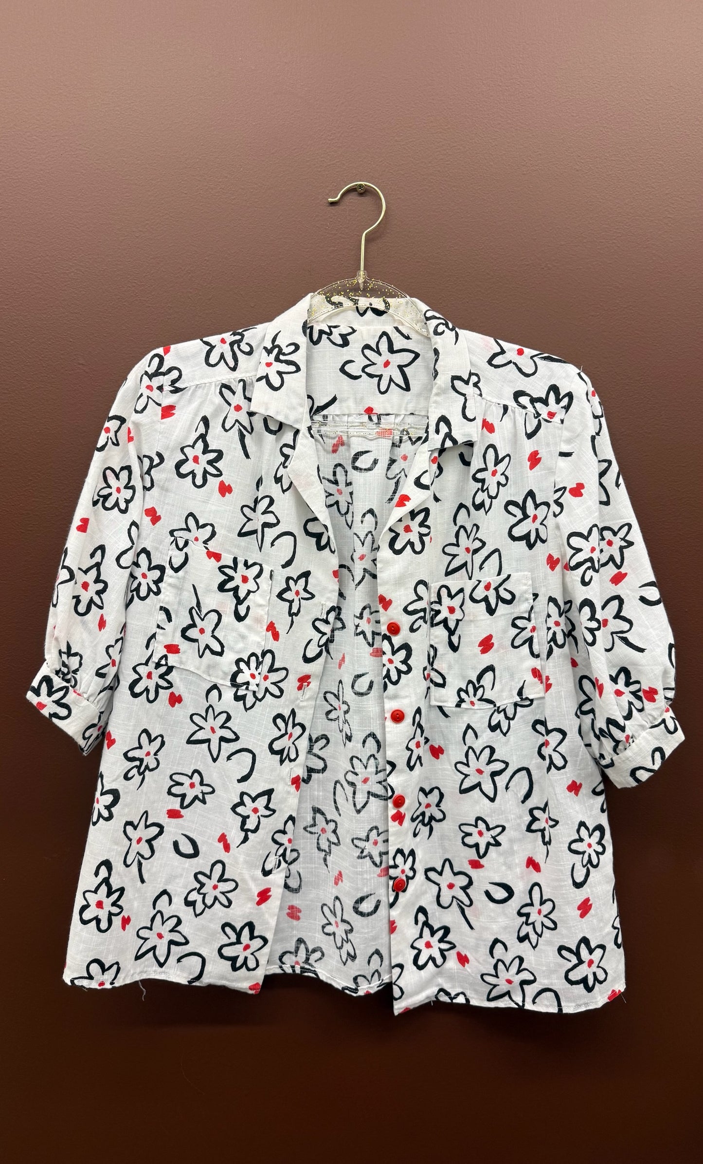 White Short Sleeve Button Up w/ Flowers