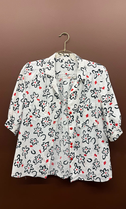 White Short Sleeve Button Up w/ Flowers