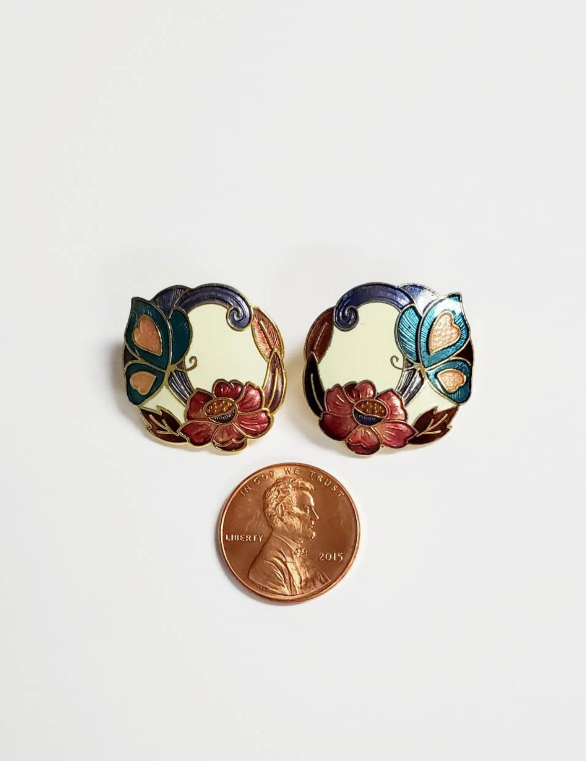 Vintage Cloisonné Butterfly Pierced Earrings