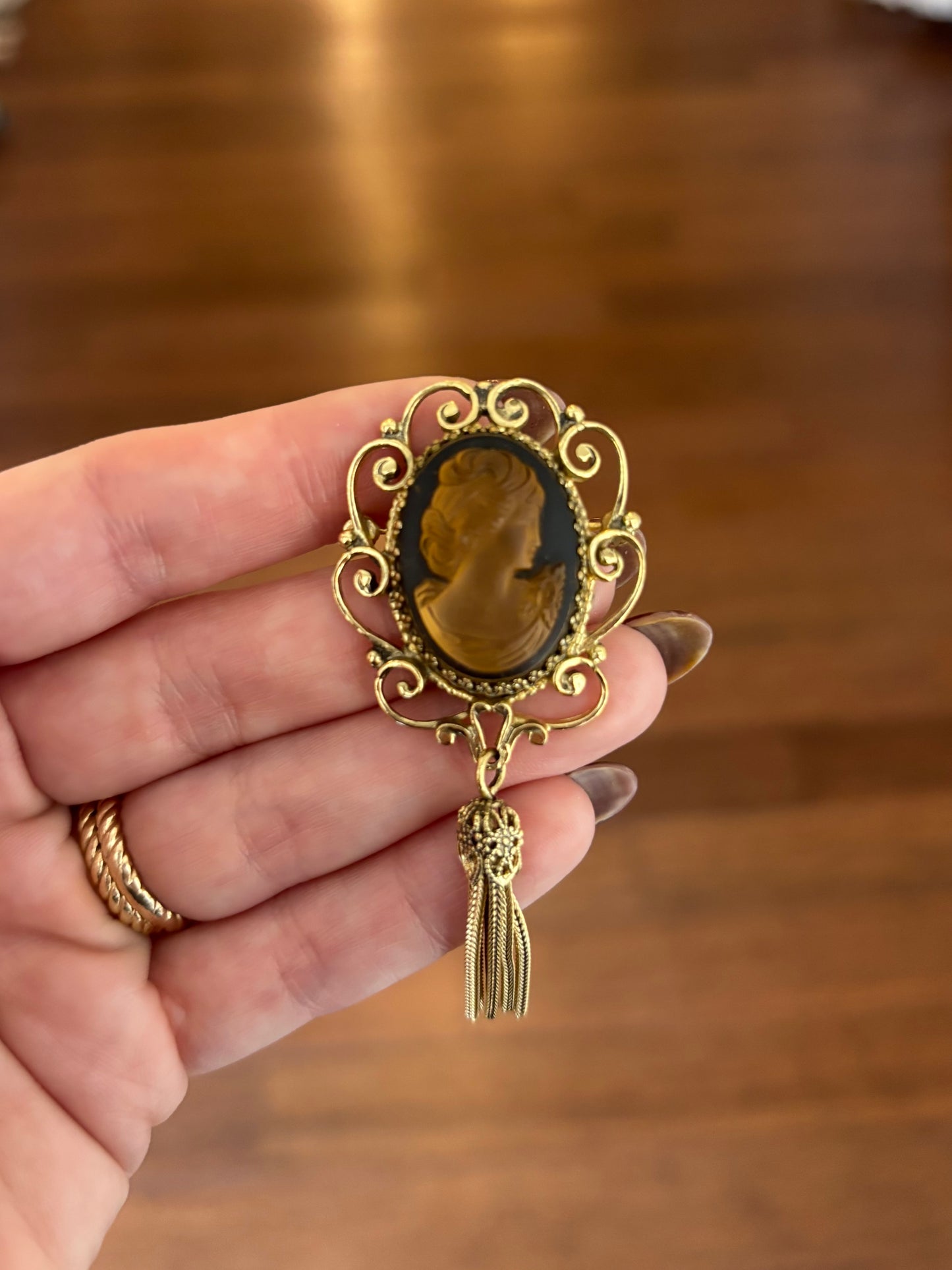 Amber Cameo Brooch with Tassel