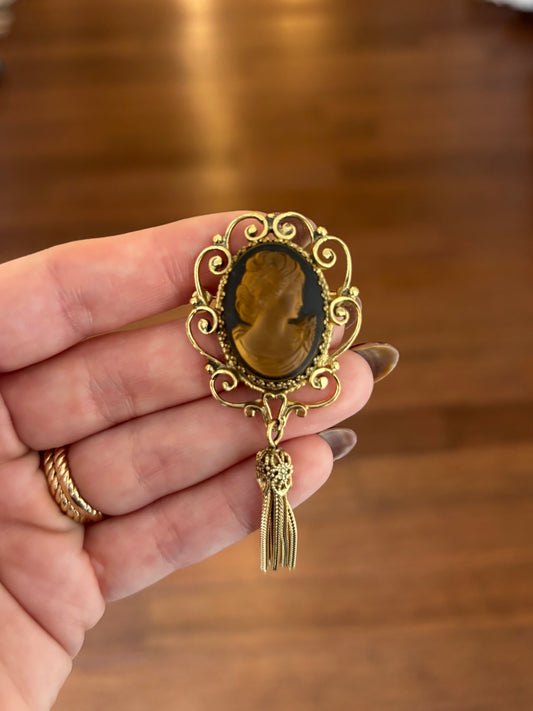 Amber Cameo Brooch with Tassel