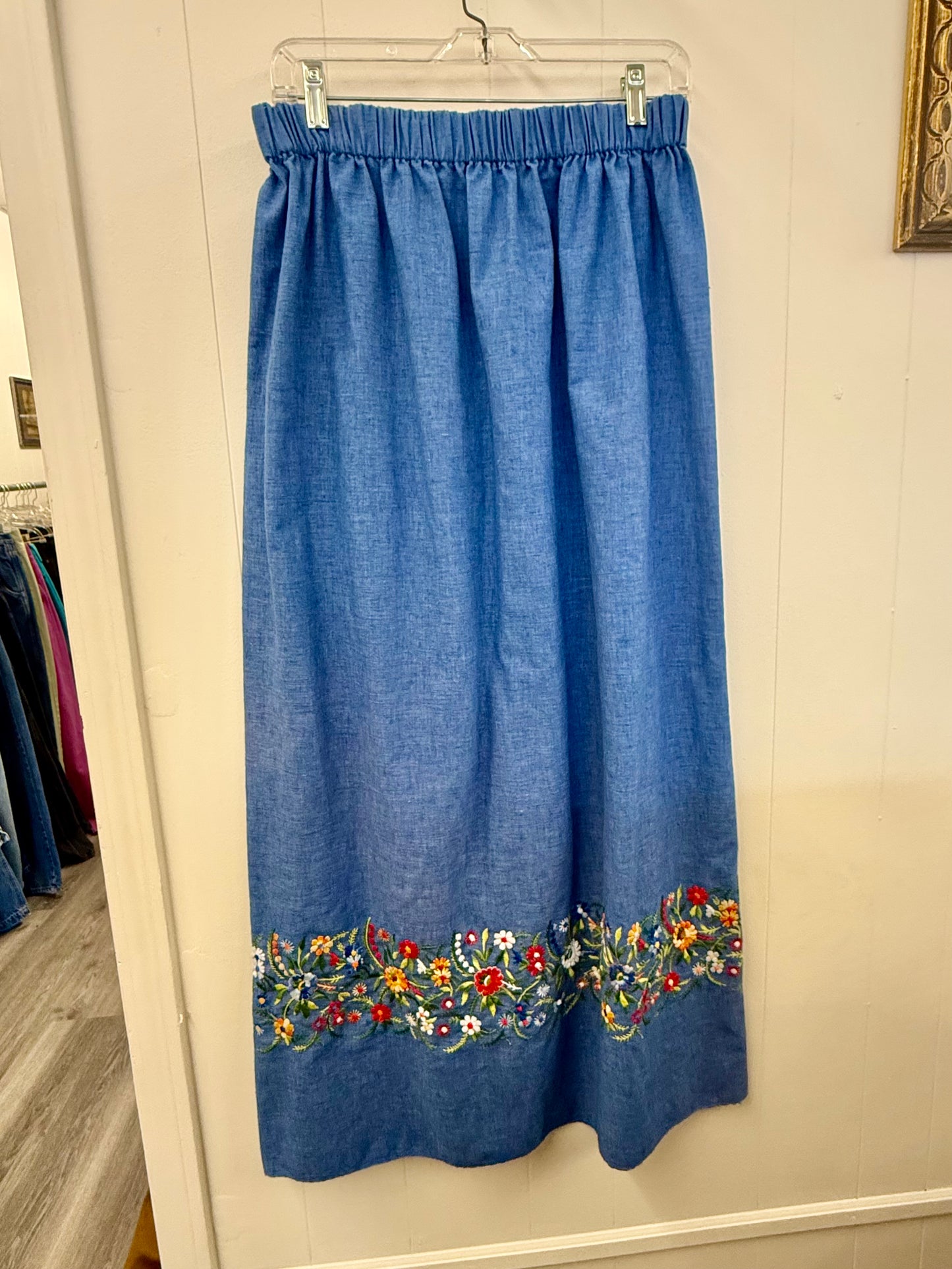 Denim Maxi Skirt with Embroidery