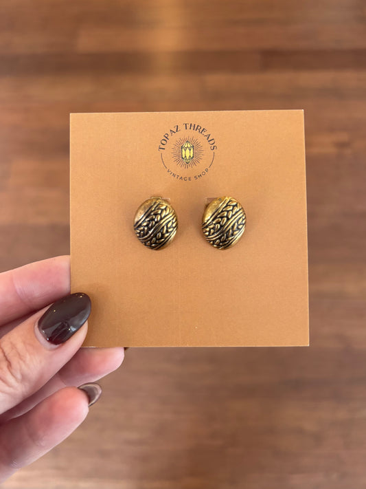 Etched Gold Button Clip on Earrings