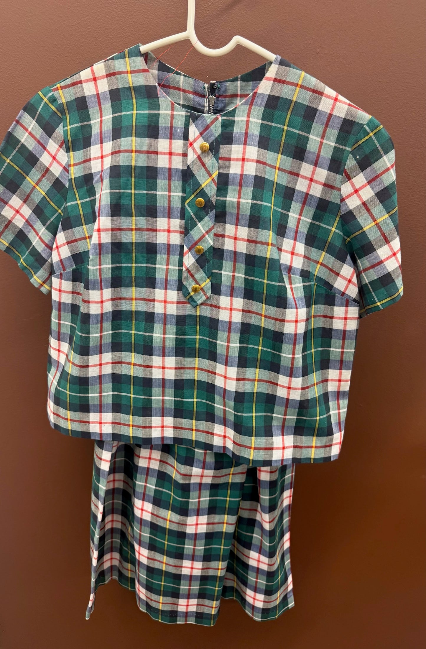 Vintage Green Plaid Skirt & Top Set