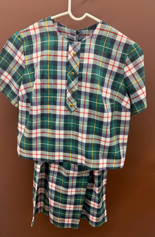 Vintage Green Plaid Skirt & Top Set