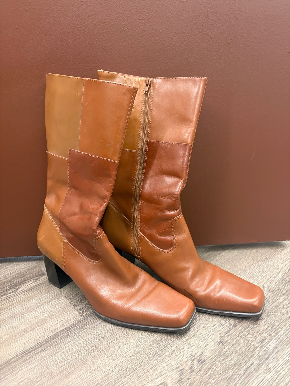 Y2K Cognac Leather Patch Boots