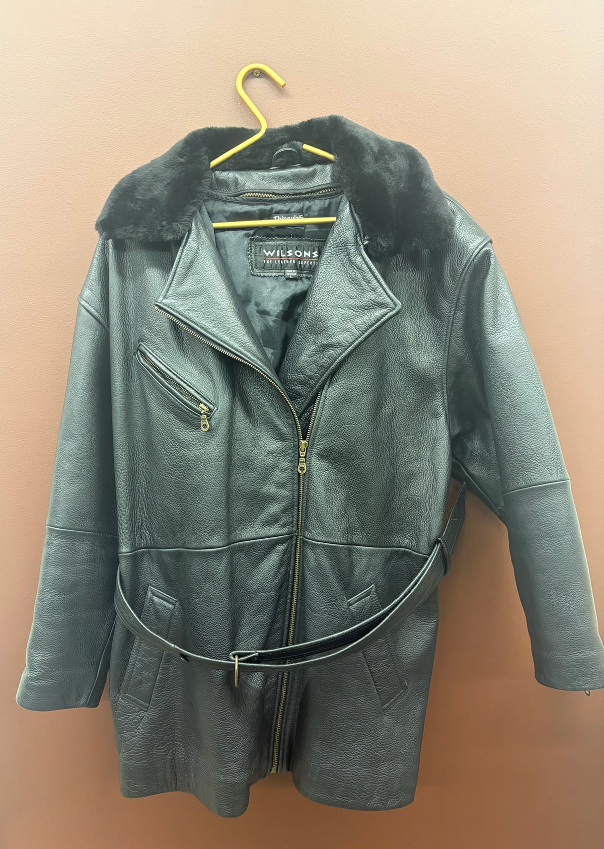 Black Leather Coat with Fur Collar