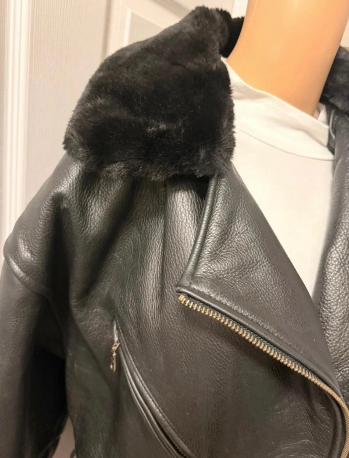 Black Leather Coat with Fur Collar