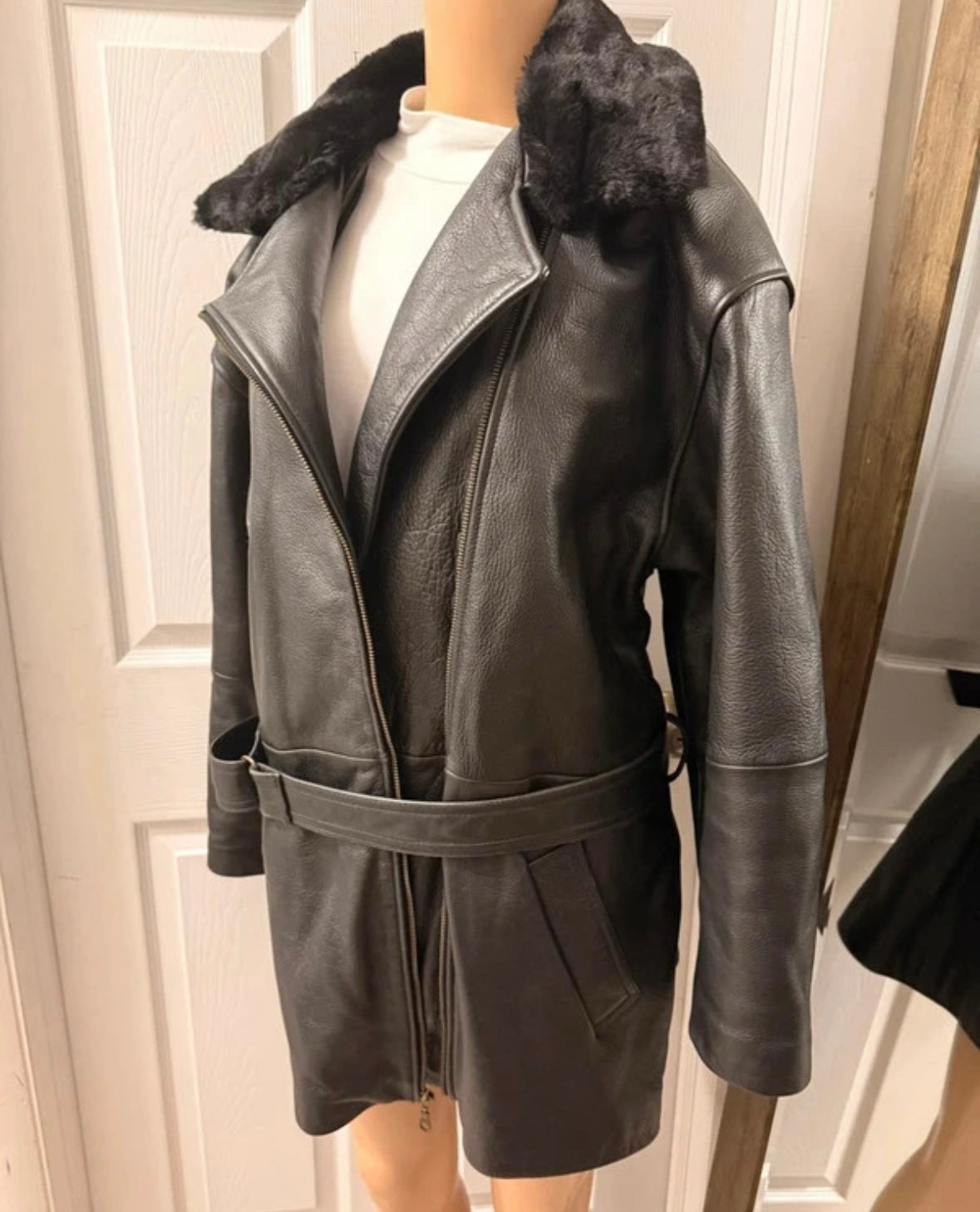 Black Leather Coat with Fur Collar